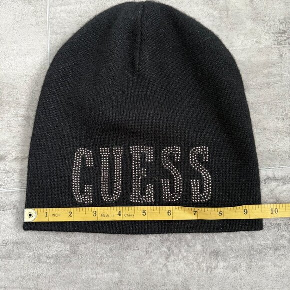GUESS Womens Rhinestone Graphic Beanie Hat M/L Black Wool - Picture 7 of 8